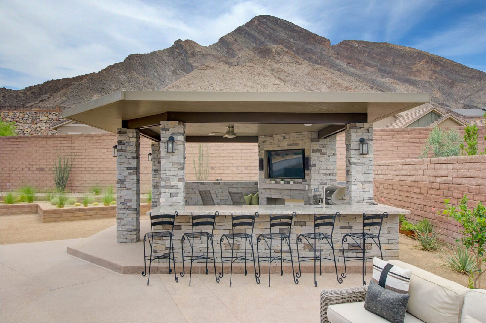 Desert Oasis Patio Cover and Outdoor Kitchen with Media Wall and Bar