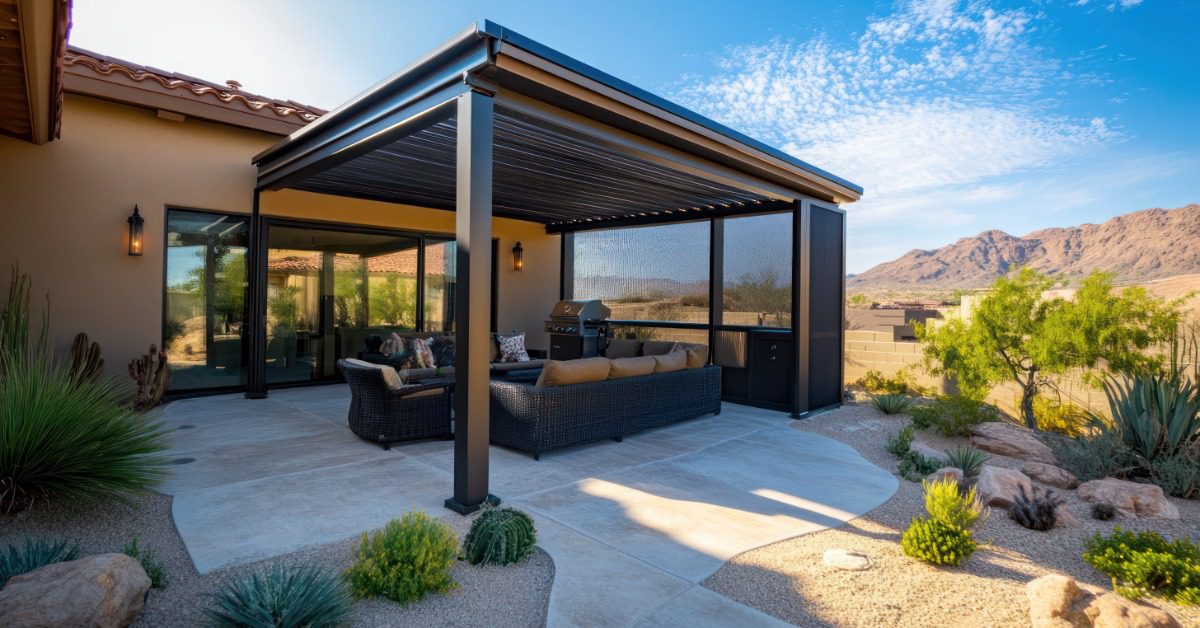 An aluminum patio cover with a paneled roof, over multiple couches and a grill, on a concrete patio next to a desert.